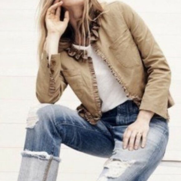 J Crew Ridge Khaki Ruffle & 4 Pockets Neutral Blazer Size 0 - Picture 4 of 9